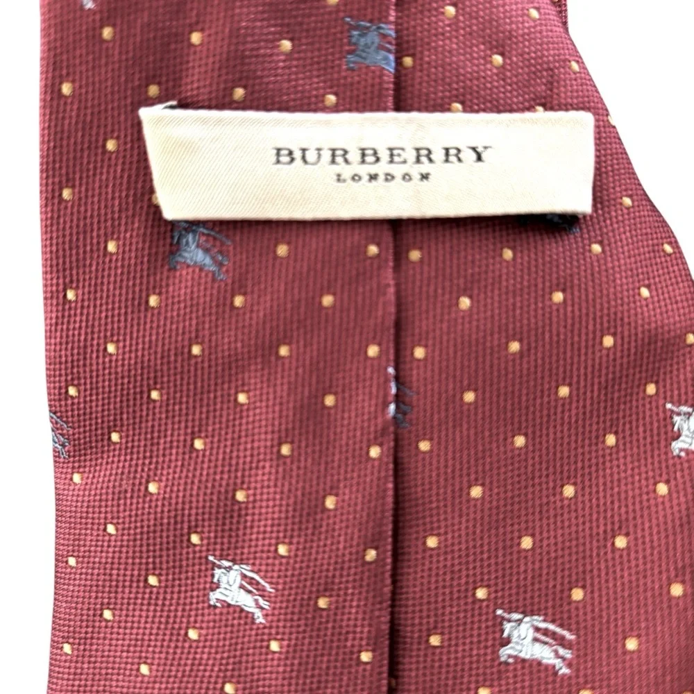 VTG Burberry London Silk Neck Tie Wide 4” Dark Red Burgundy Knight Gold Dots